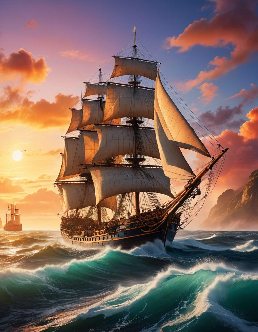 An adventurous scene depicting a group of diverse explorers aboard a majestic sailing ship, with sails billowing in the wind, navigating through turbulent ocean waves. The sky is a vibrant gradient of sunrise colors, symbolizing new discoveries, while the ship's deck is filled with historical artifacts and maps, illustrating a journey through time. In the background, a distant shoreline with ancient ruins can be seen, adding a sense of mystery and history. super-realistic. vibrant colors. dynamic composition.