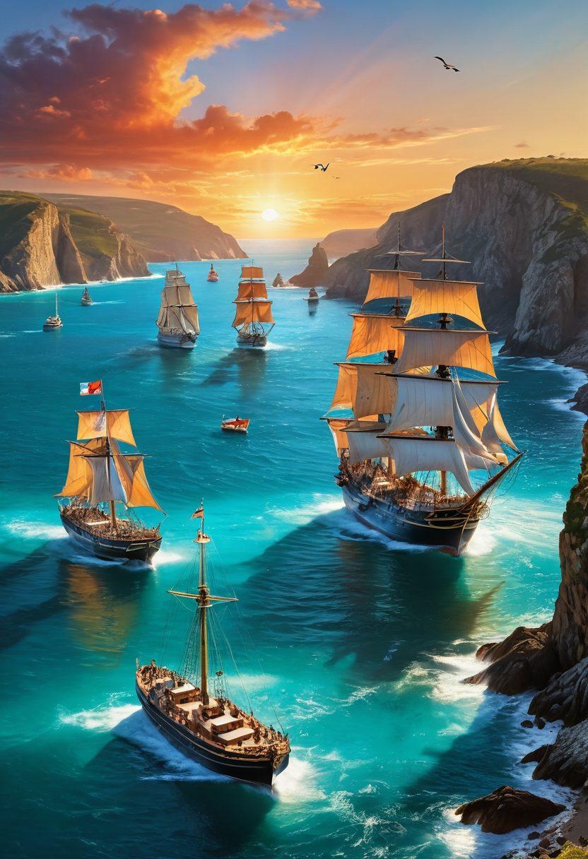 A grand naval ship sailing through sparkling turquoise waters, flanked by historic ships from the Trafalgar battle, with colorful flags billowing in the wind. In the foreground, excited explorers are enjoying a journey as they gaze at the horizon, with seagulls in the sky and a blazing sunset casting warm hues. The background showcases a majestic coastline dotted with cliffs and a distant lighthouse. vibrant colors. super-realistic. dynamic composition.