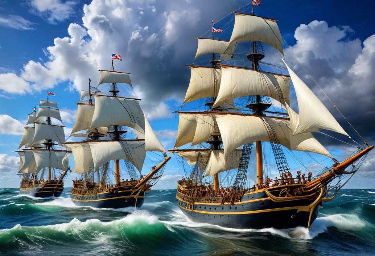 A grand naval scene showcasing historic ships at Trafalgar, with sailors joyfully interacting on deck and vivid banners waving in the wind. In the background, dramatic skies hinting at adventure, while seabirds soar above the waves. Detailed elements of nautical equipment and vibrant ocean colors to evoke the thrill of discovery and joy found in naval voyages. super-realistic. vibrant colors. cinematic atmosphere.